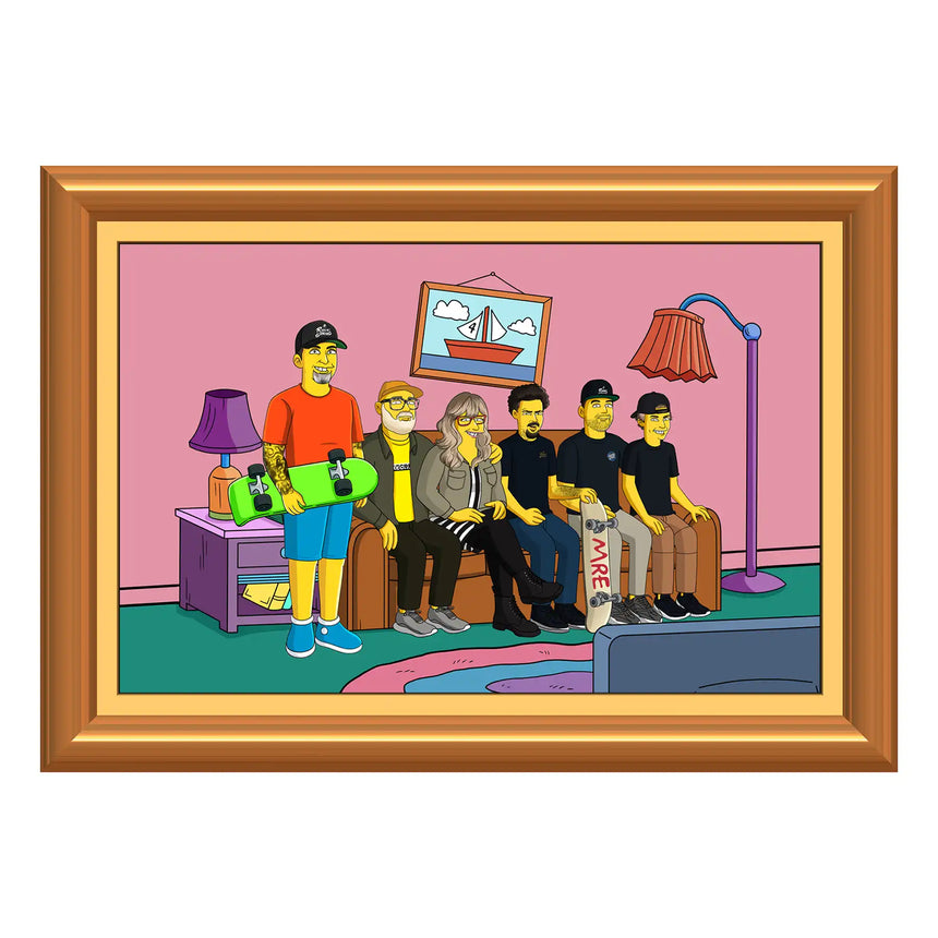 Cartoon-style illustration of five people sitting on a couch with skateboards, framed in gold.