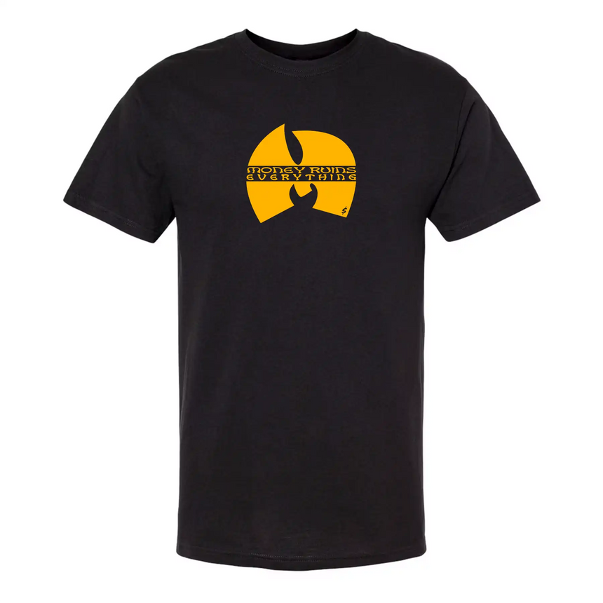 Black t-shirt with yellow graphic design on a white background
