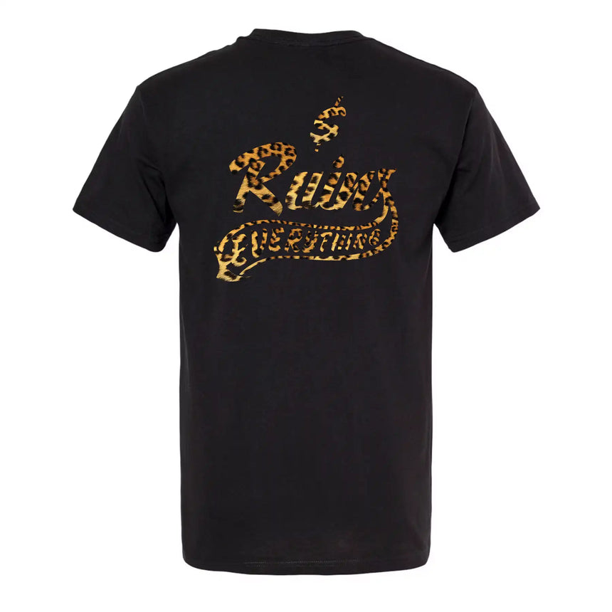 Black T-shirt with a large cheetah print logo on the back and a smaller logo on the left chest area.