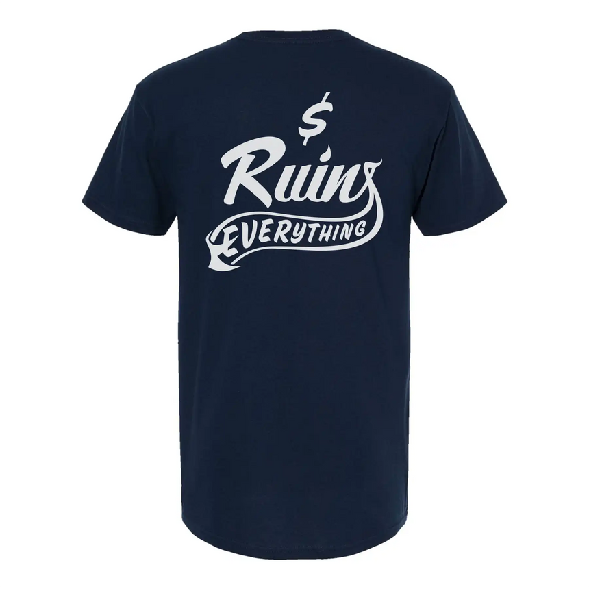 Navy blue t-shirt with white text on the back against a white background