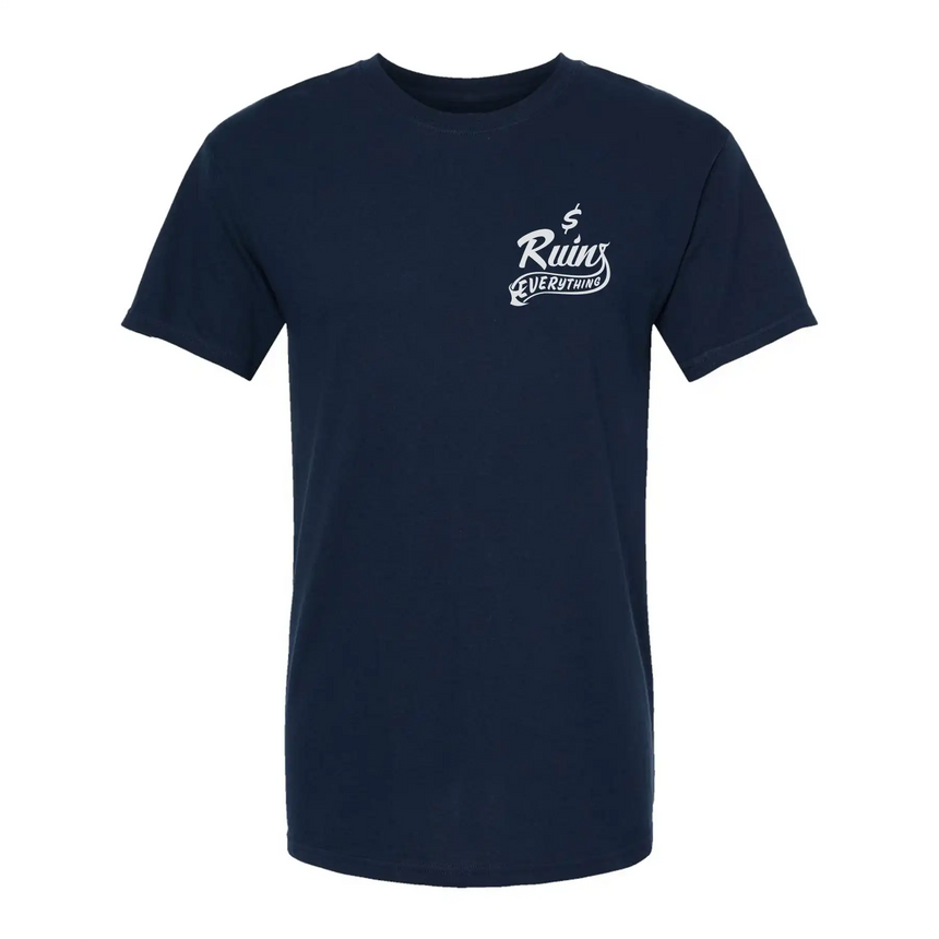 Navy blue t-shirt with white text on a white background
