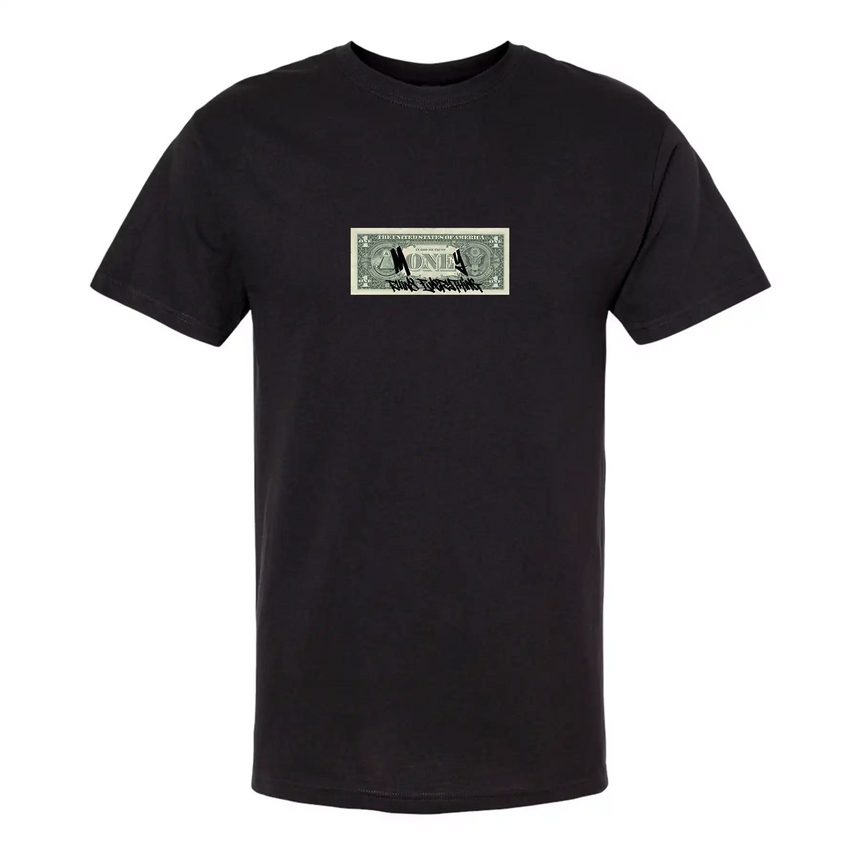 Black t-shirt with a dollar bill design on a white background