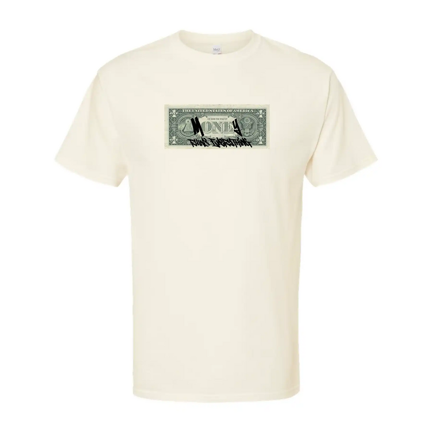 Beige t-shirt with a graphic of a dollar bill on a white background