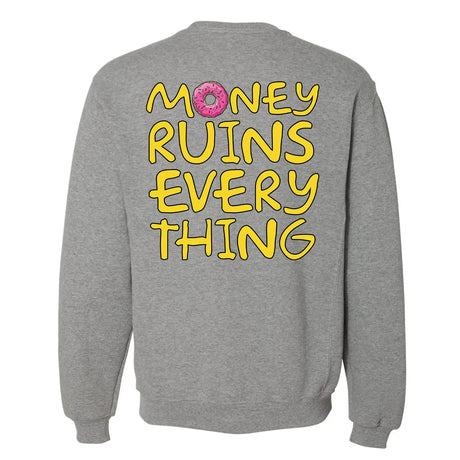 Gray sweatshirt with colorful text on the back against a white background