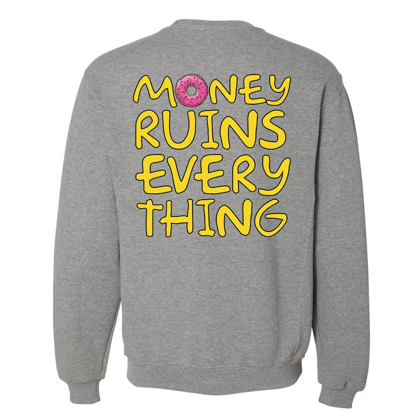 Gray sweatshirt with colorful text on the back against a white background