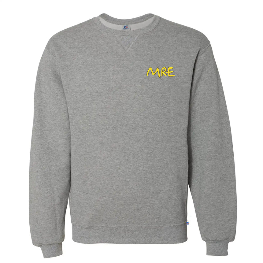 Gray sweatshirt with yellow text on a white background