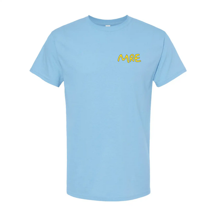 Light blue t-shirt with 'MRE' printed on it against a white background