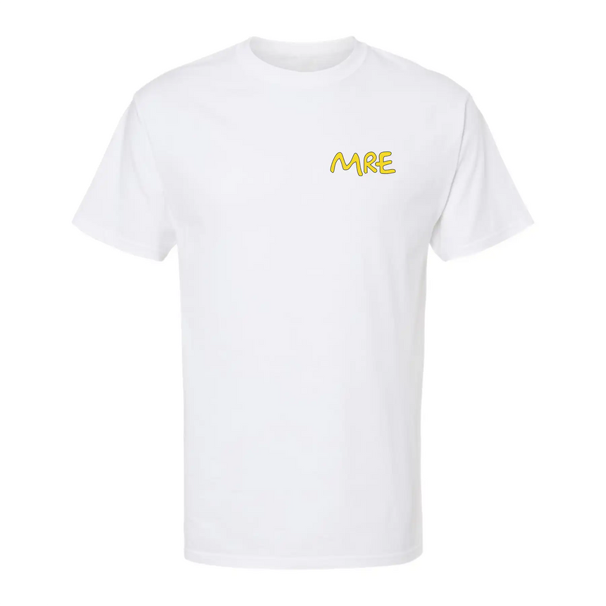White t-shirt with yellow text 'MRE' on a white background
