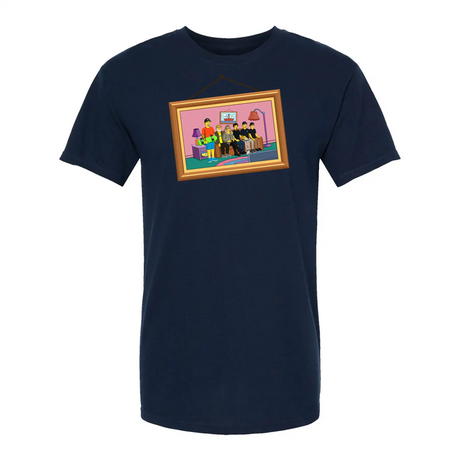 Navy blue t-shirt with a colorful graphic of a family in a living room on a white background