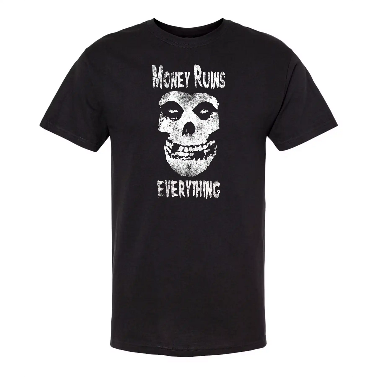 Black t-shirt with a skull graphic and text on a white background