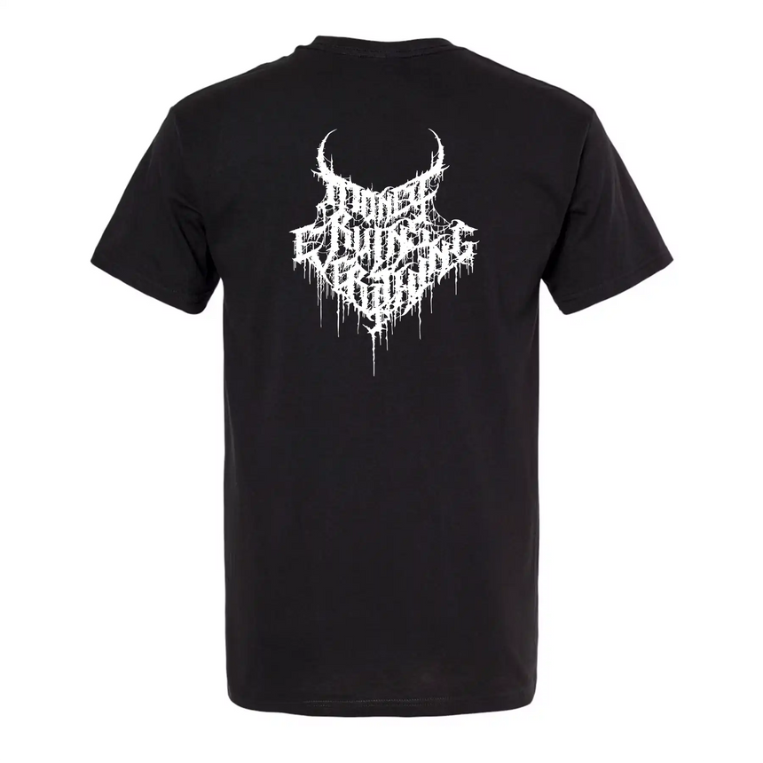 Black t-shirt with white graphic design on a white background