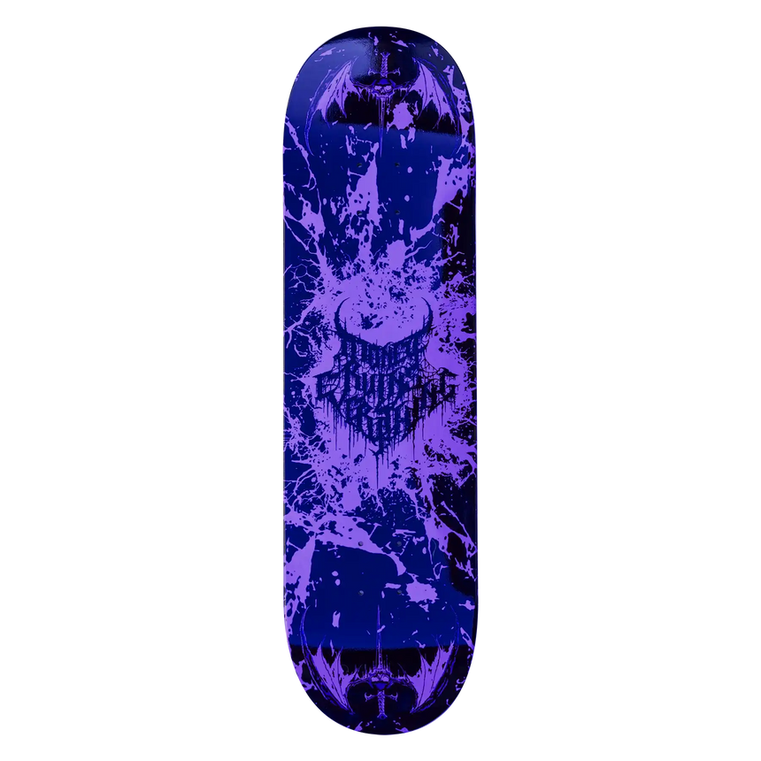 Purple and black splatter-patterned skateboard deck on a white background
