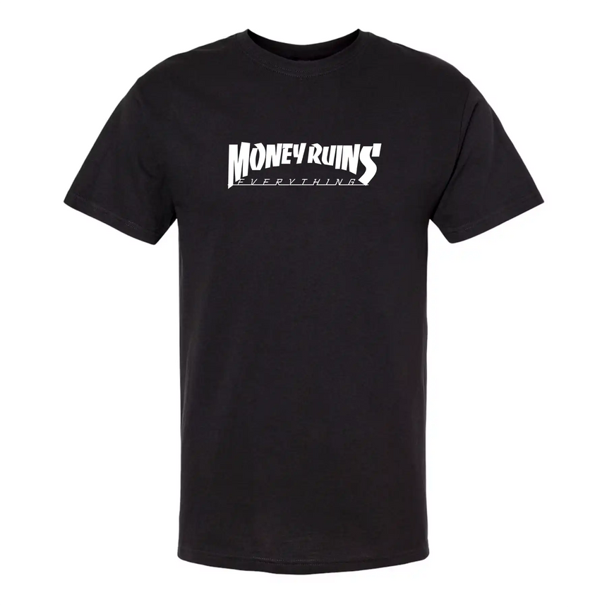 Black t-shirt with white text on a white background