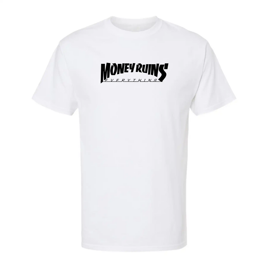 White t-shirt with black text 'Money Ruins Everything' on a white background