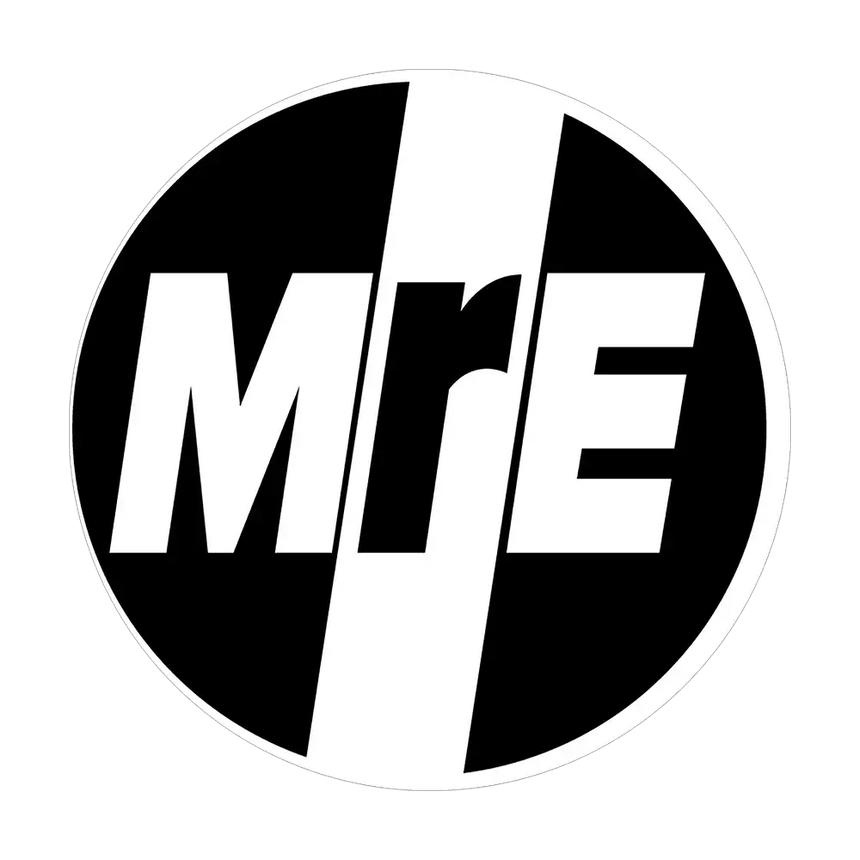 Black and white logo with 'MRE' text inside a circular design