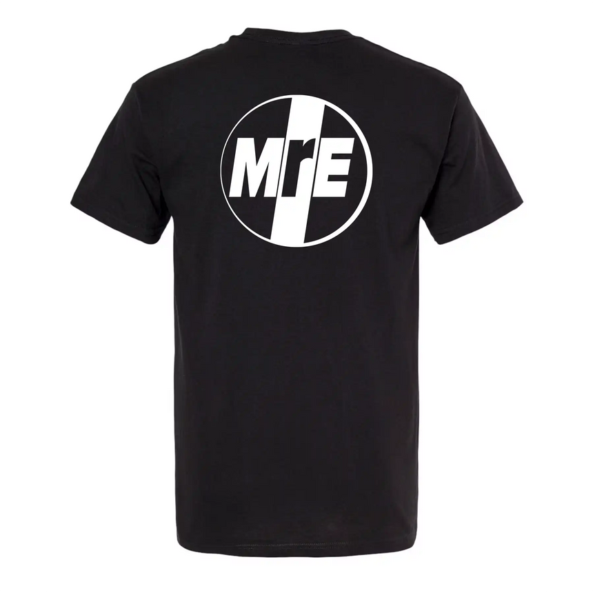 Black t-shirt with a white logo on the back against a white background