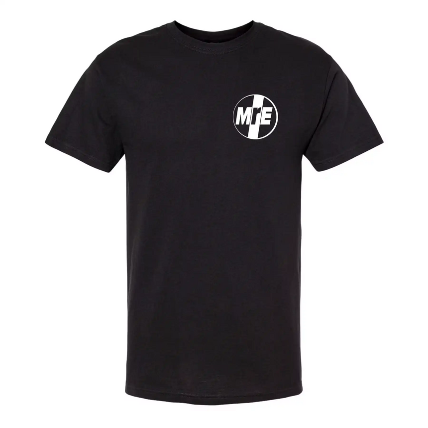 Black t-shirt with a logo on the chest against a white background