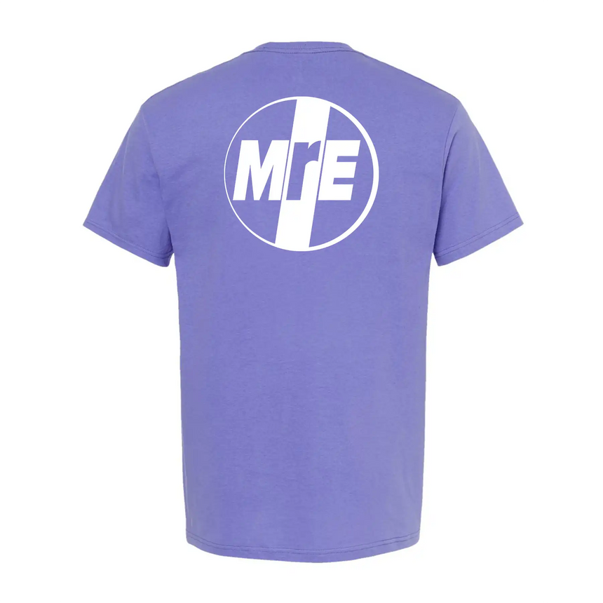 Purple t-shirt with a black and white logo on the back against a white background