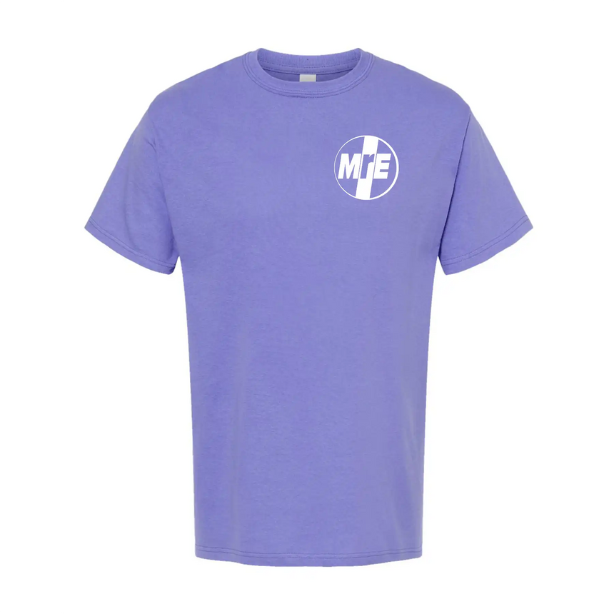 Purple t-shirt with a logo on the chest against a white background