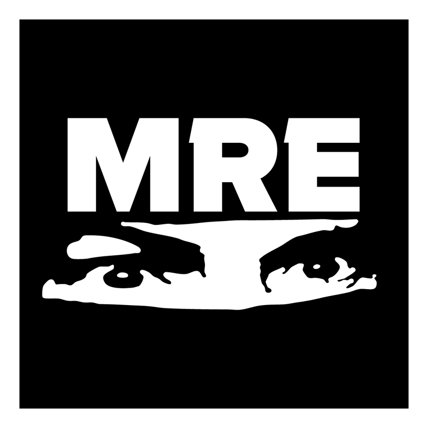MRE logo with two silhouettes of people running on a black background