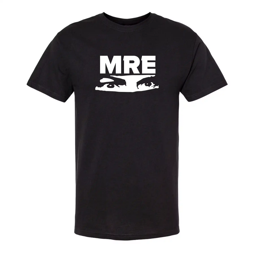 Black t-shirt with 'MRE' logo on a white background