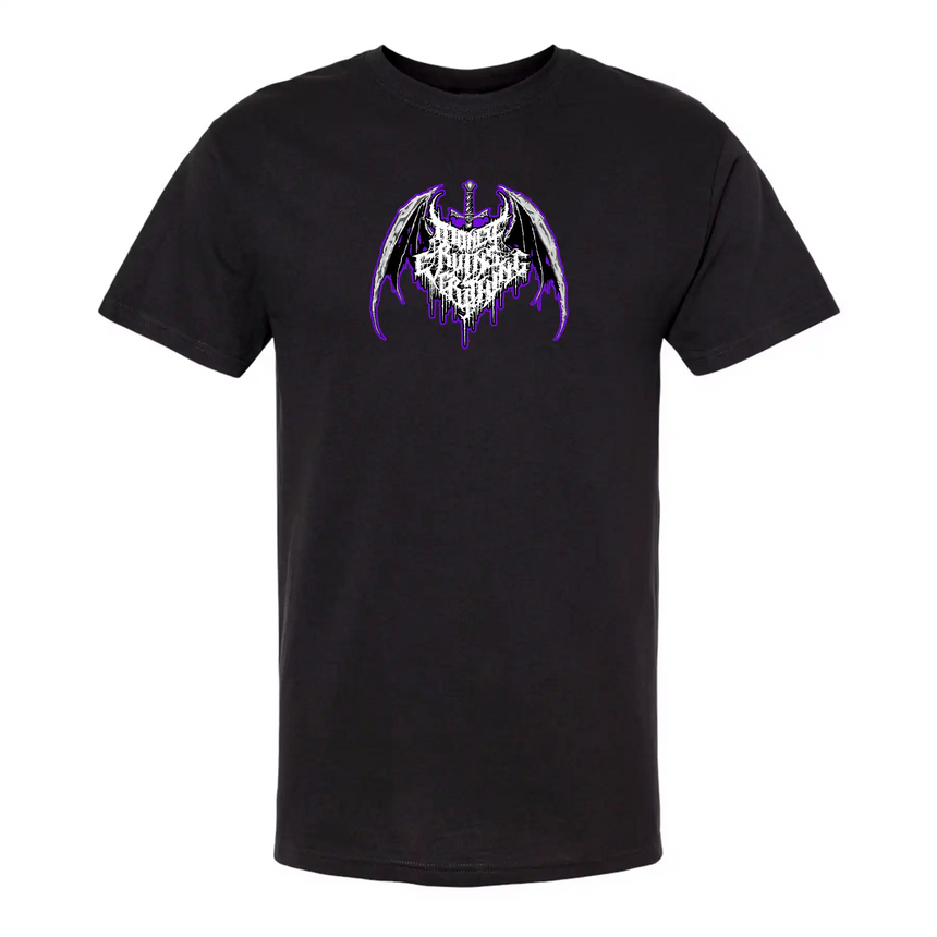Black t-shirt with a purple and white graphic design on a white background