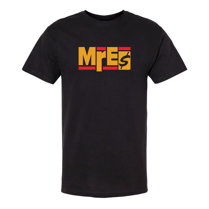 Black t-shirt with a colorful logo on a white background