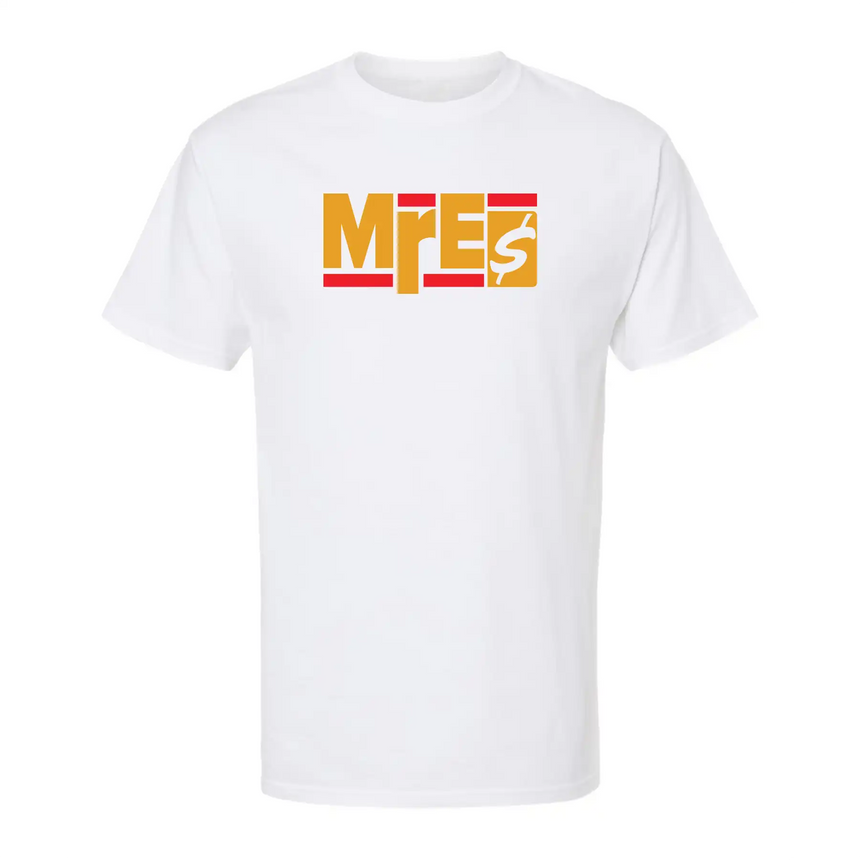 White t-shirt with a colorful logo on a white background