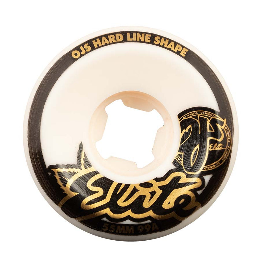 Skateboard wheel with 'OJS Hard Line Shape' text and black and gold design on a white background