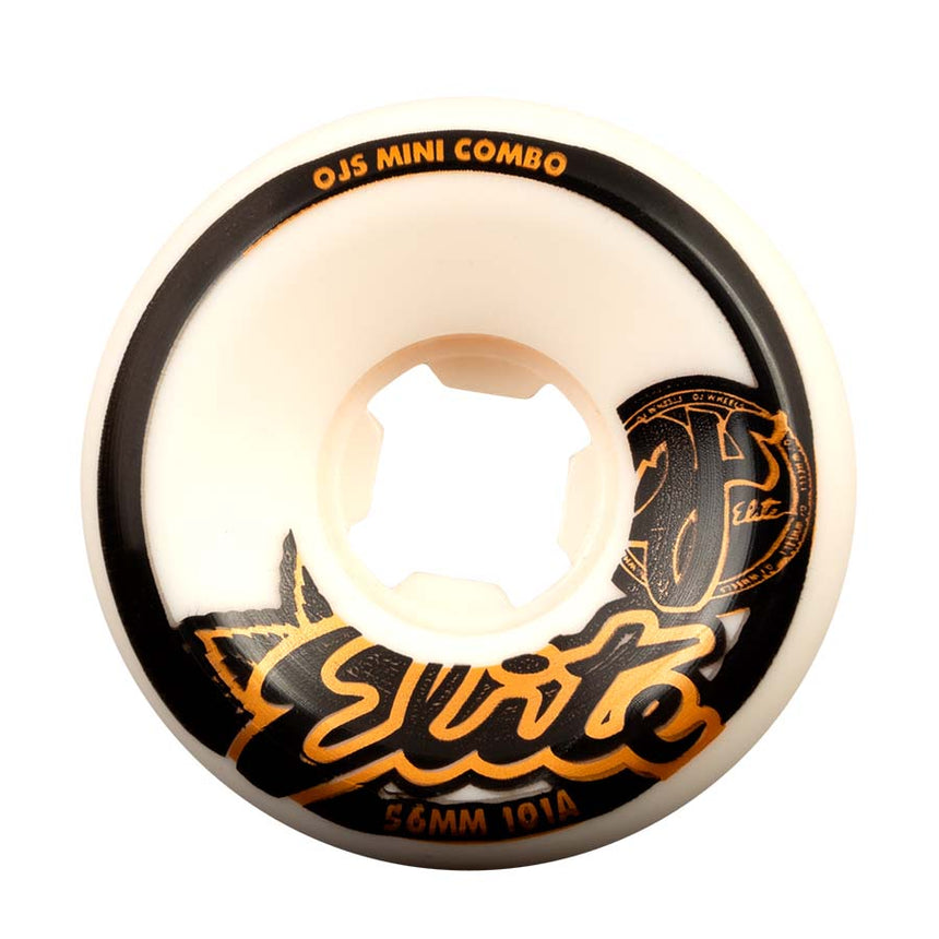 Skateboard wheel with black and orange design on a white background