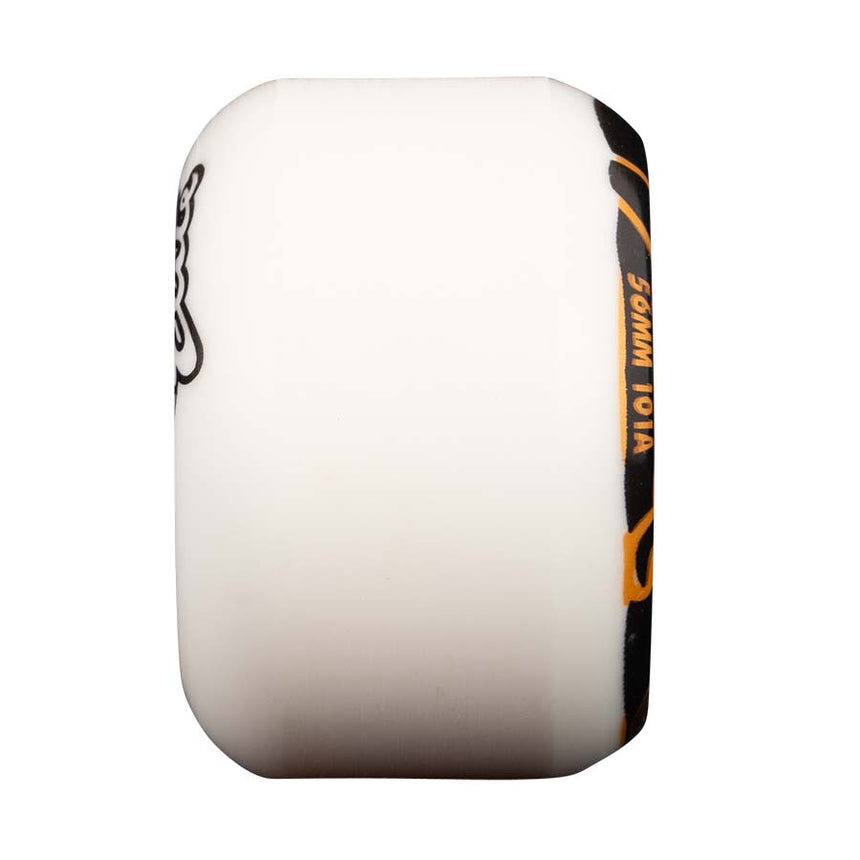 White and black skateboard wheel with branding on a white background