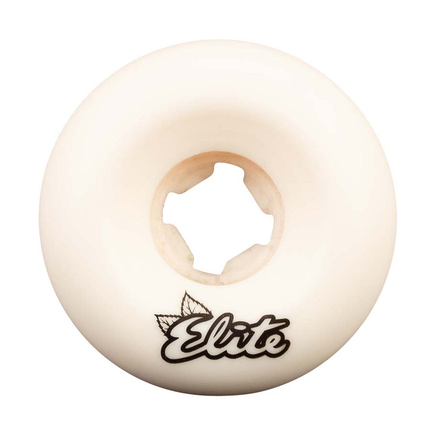White skateboard wheel with 'Elite' branding on a white background