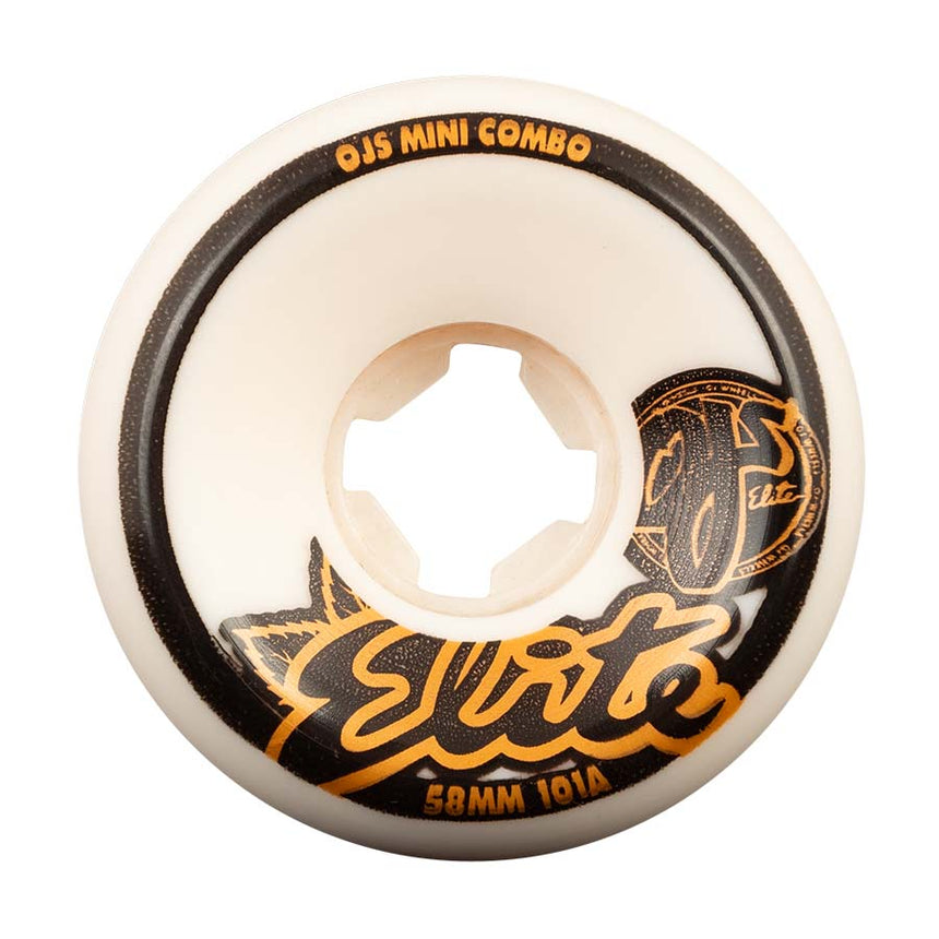 Skateboard wheel with orange and black branding on a white background