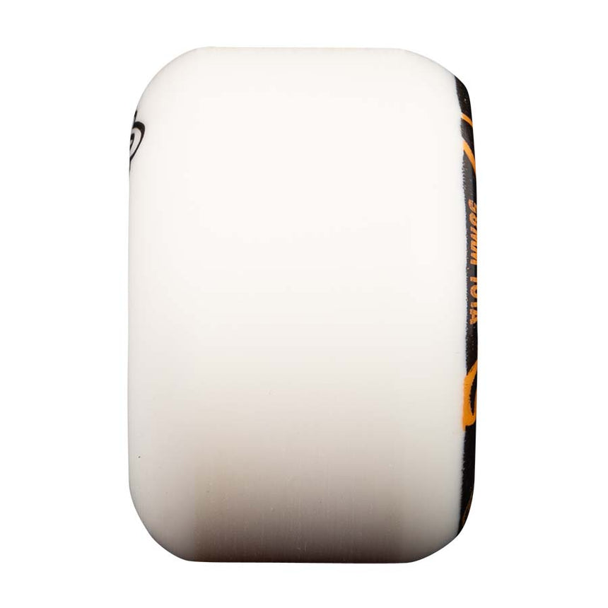 White skateboard wheel with black and orange rim on a white background