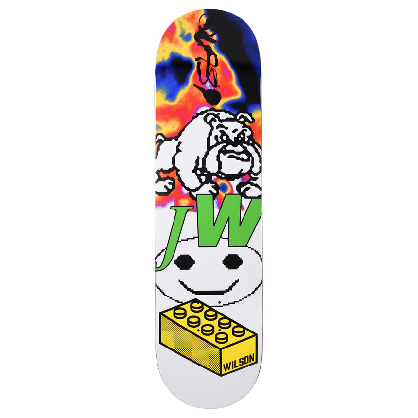 Skateboard deck with colorful design featuring a bulldog, tie-dye pattern, and 'JW Wilson' branding.