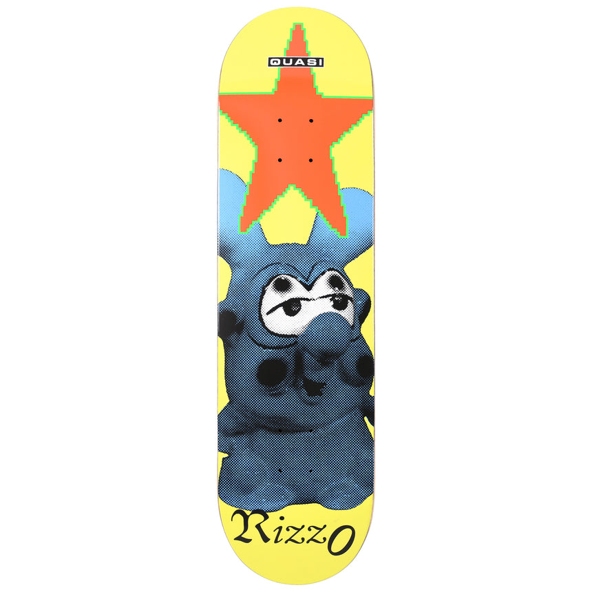 Skateboard deck with a cartoon character and star design on a yellow background