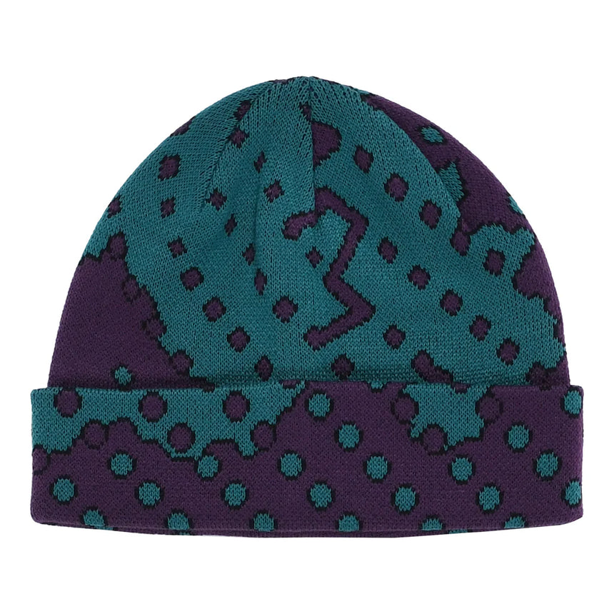 Purple and teal patterned beanie on a white background