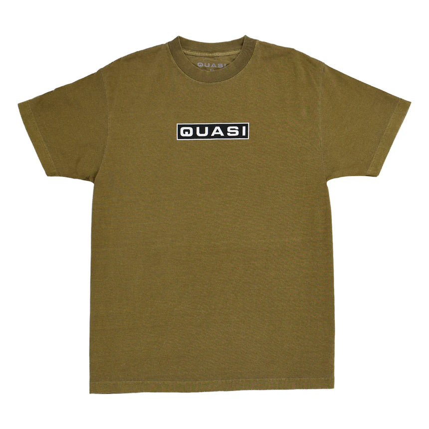 Olive green t-shirt with 'QUASI' logo on a white background