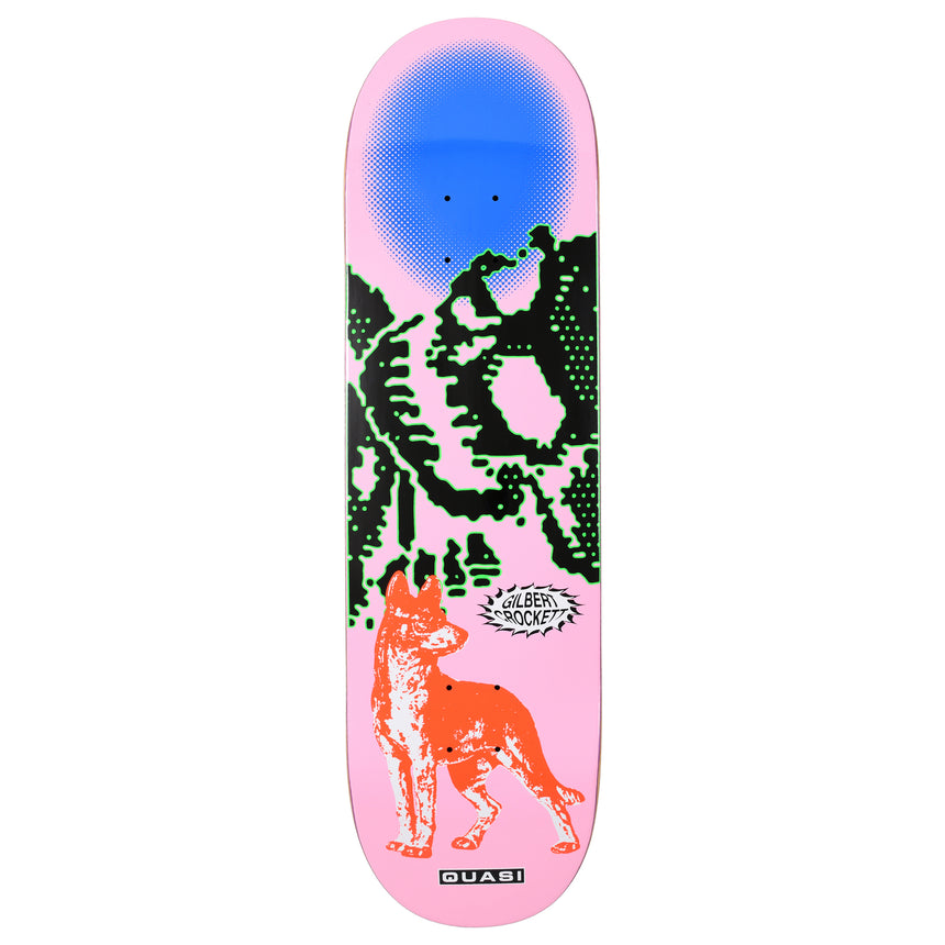 Skateboard deck with a pink background, orange cat illustration, and green abstract design.