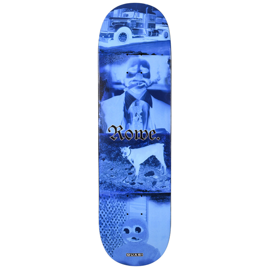 Skateboard deck with a blue and black design featuring a person and the word 'Rowe'.