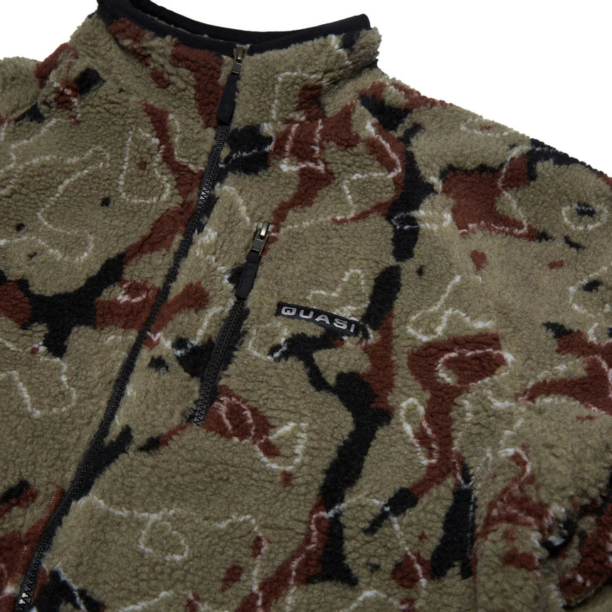Camouflage-patterned jacket with a brand logo on a white background