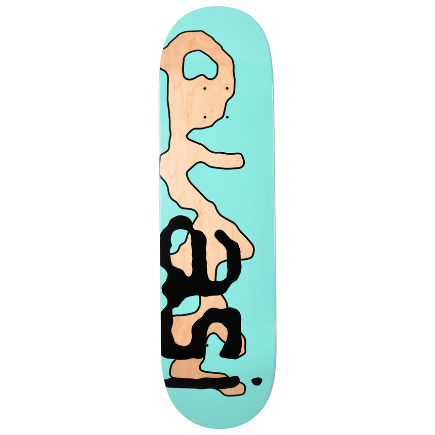 Skateboard deck with a stylized illustration of a hand holding a shoe on a light blue background