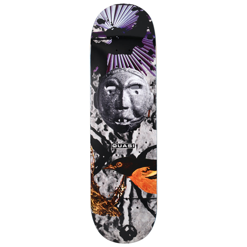 Skateboard deck with a colorful design featuring a face and the brand 'Quasi'.