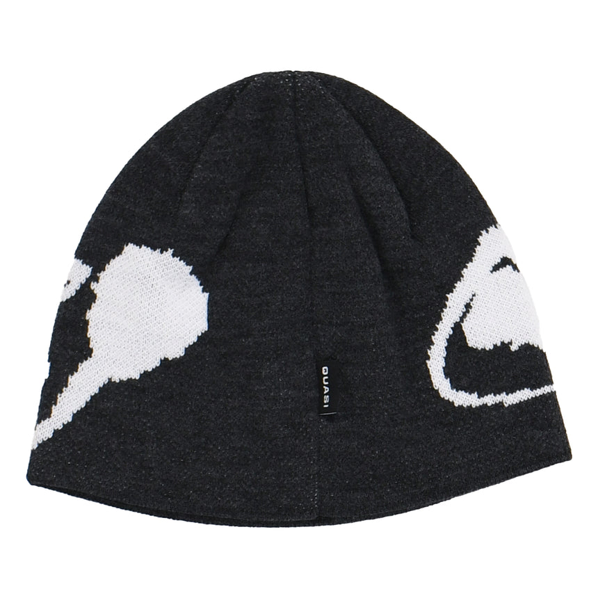 Black beanie with white logo on a white background