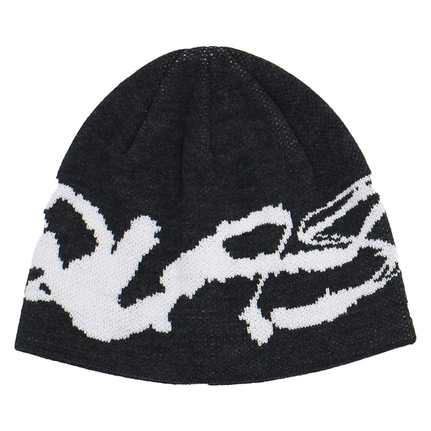Black beanie with white skull design on a white background