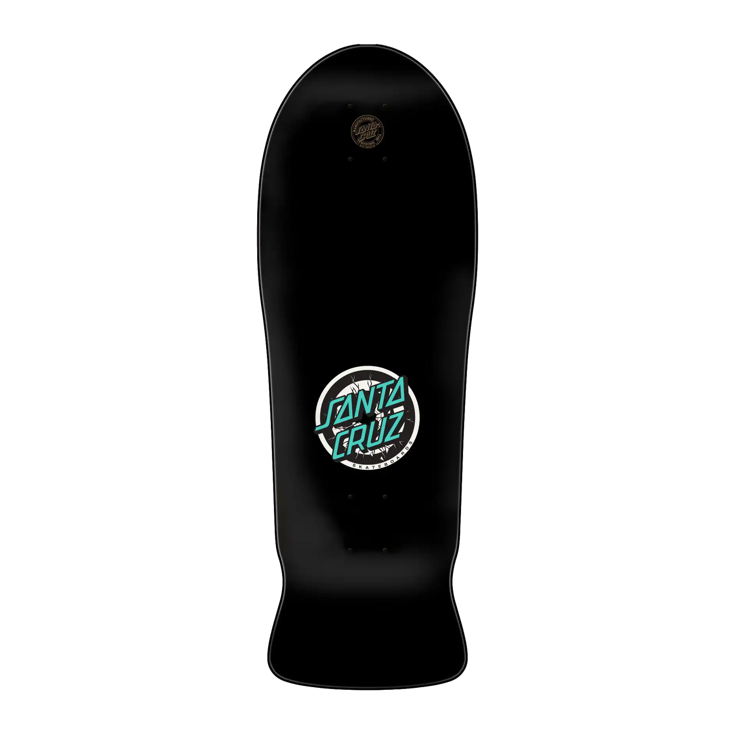 Black skateboard deck with Santa Cruz logo on a white background