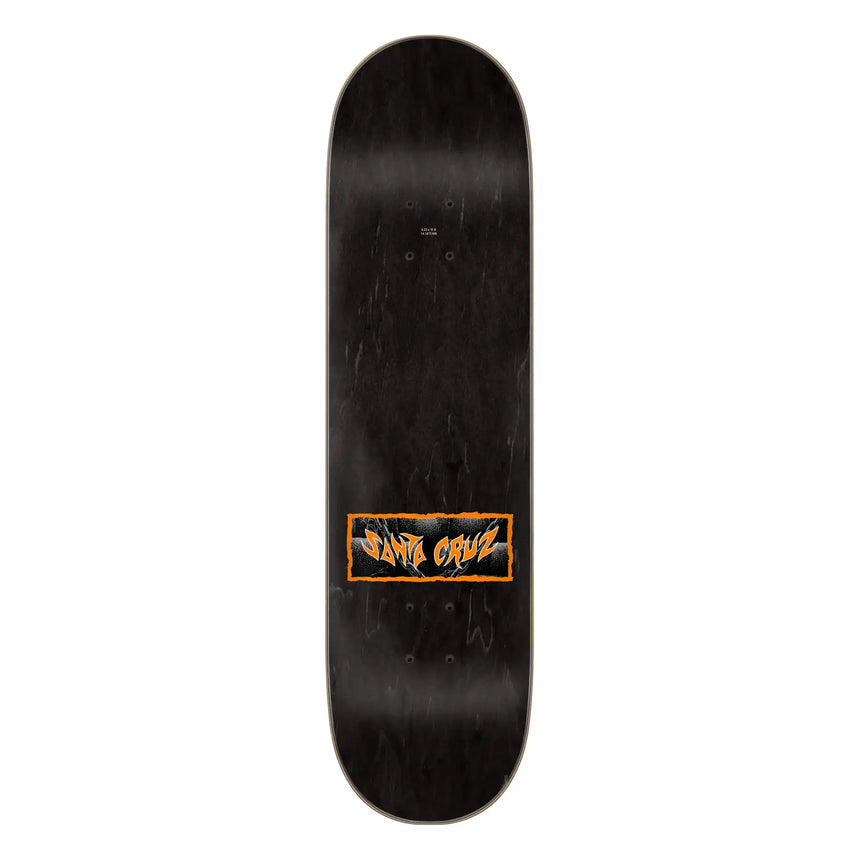 Black skateboard deck with a logo on a white background