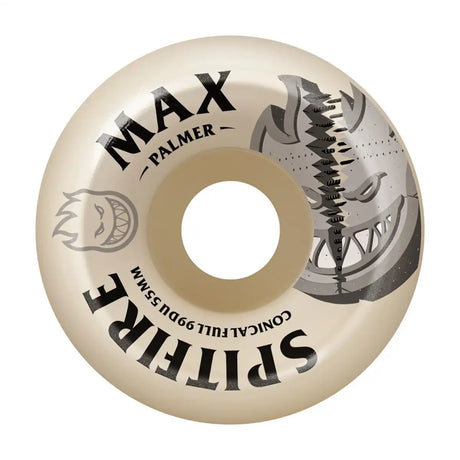 Skateboard wheel with 'Max Palmer' branding on a beige background