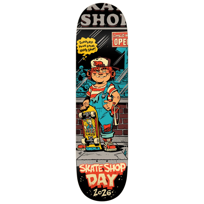 Skateboard deck with a cartoon character and text on a white background