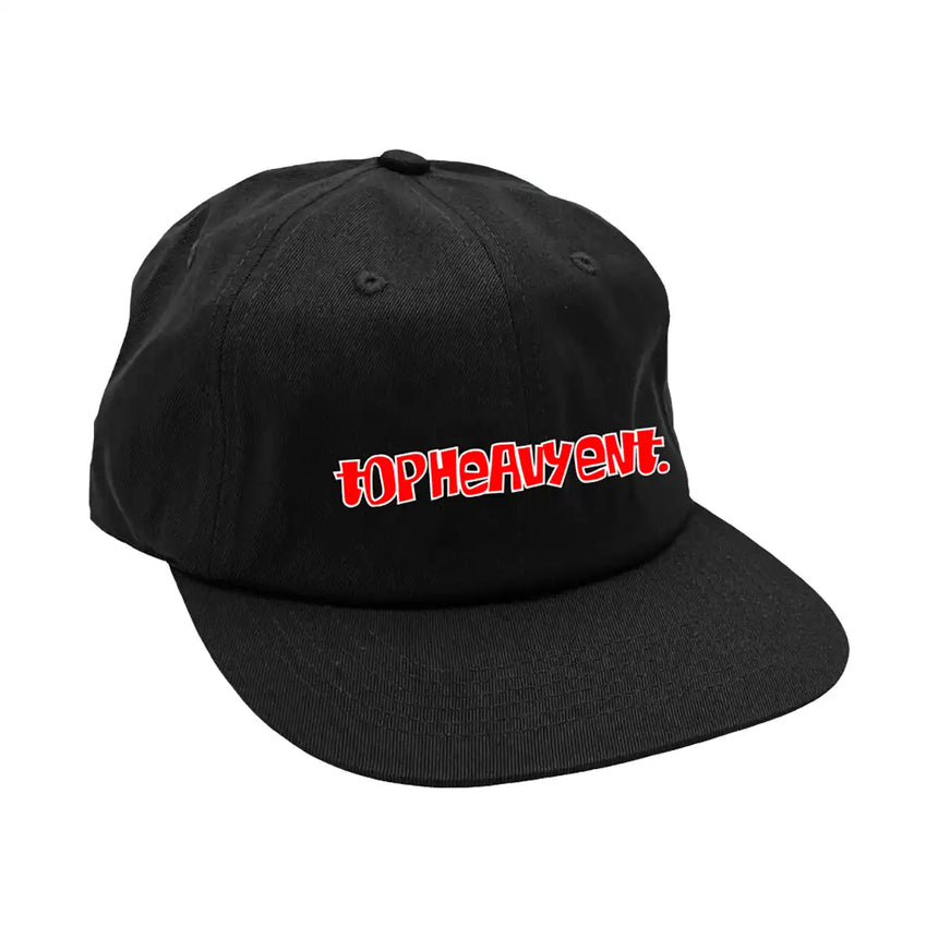 Black cap with red and white text on a white background